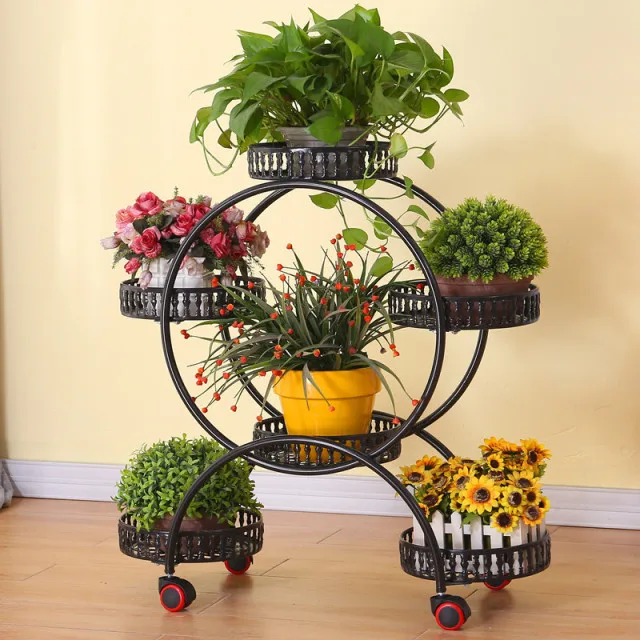 Six baskets Flower stand wrought iron multi-layer wheeled flower pot stand living room balcony floor type  built-in shelf