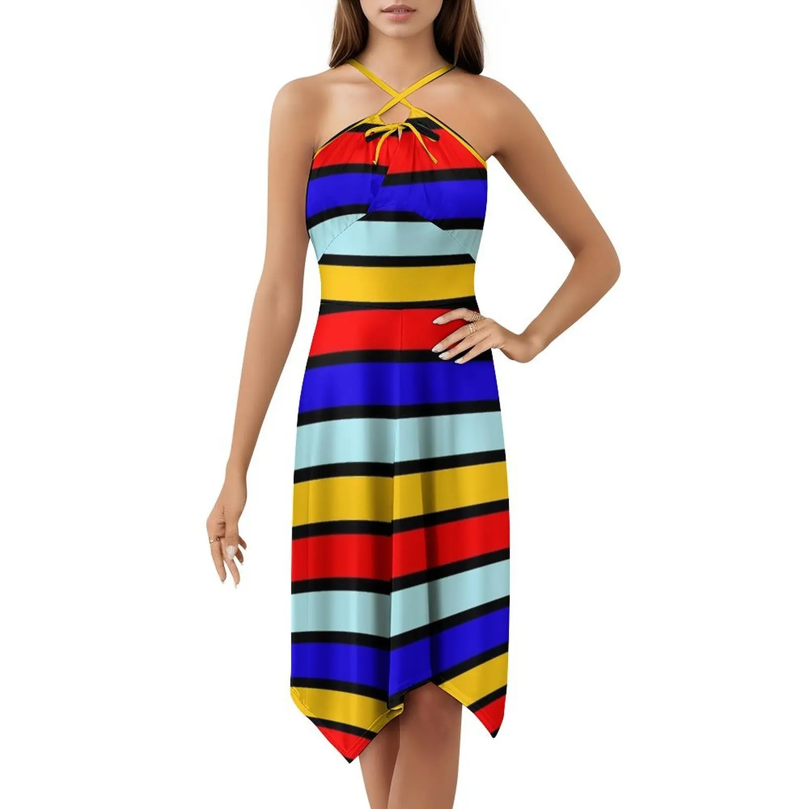 فستان قصير بخطوط صفراء متباينة باللونين الأحمر والأزرق على طراز Preppy للنساء على شكل حرف a فستان يوم كاجوال فضفاض أحمر أزرق أصفر #5