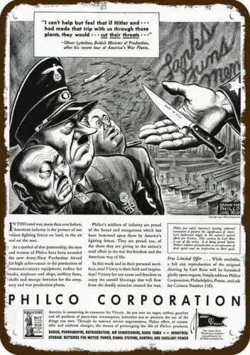 n1,1942 PHILCO Vintage Look Replica Metal Sign - Sam w/ Knife Hitler Tojo Mussolini