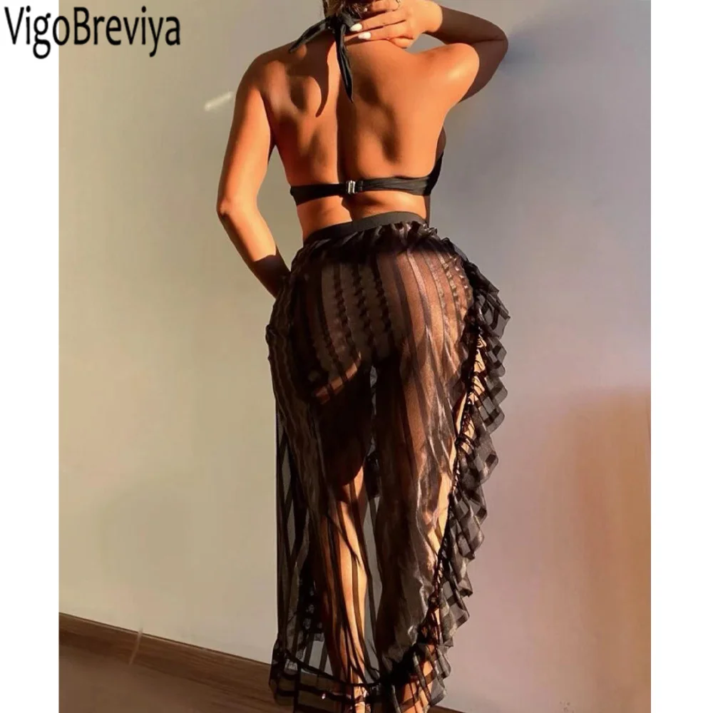 VigoBreviya Sexy Black Cross Halter 3PCS Mesh Skirt Bikini Set Stroje kąpielowe Kobiety 2025 Hollow Push Up Strój kąpielowy bez pleców