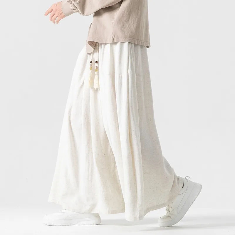 

Новые китайские повседневные брюки из льна и хлопка с широкими штанинами, прямые брюки для мужчин в этническом стиле Хань, ретро, осенние модные повседневные брюки