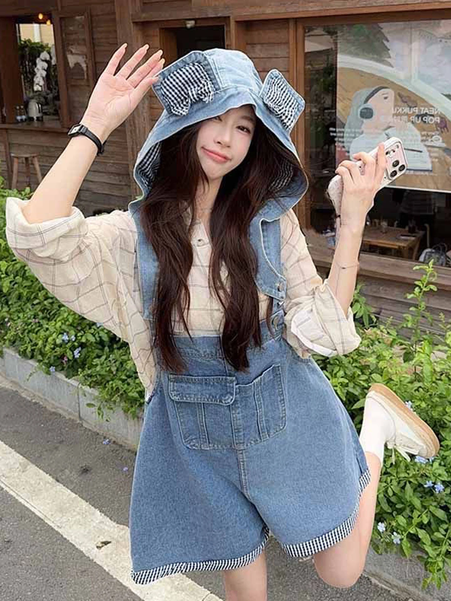 Sweet American Salt Series Denim Overalls Women's High Waist Wide Leg Short Pants Vintage Washed Outfit Spring Autumn New Style