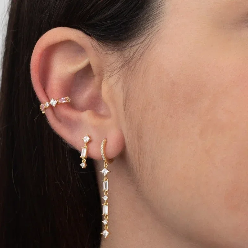 NEW 925 Sterling Silver Ear Needle Geometric Zircon Chain Hoop Earrings Colorful Crystal Pendant Earrings Luxury Fashion Jewelry