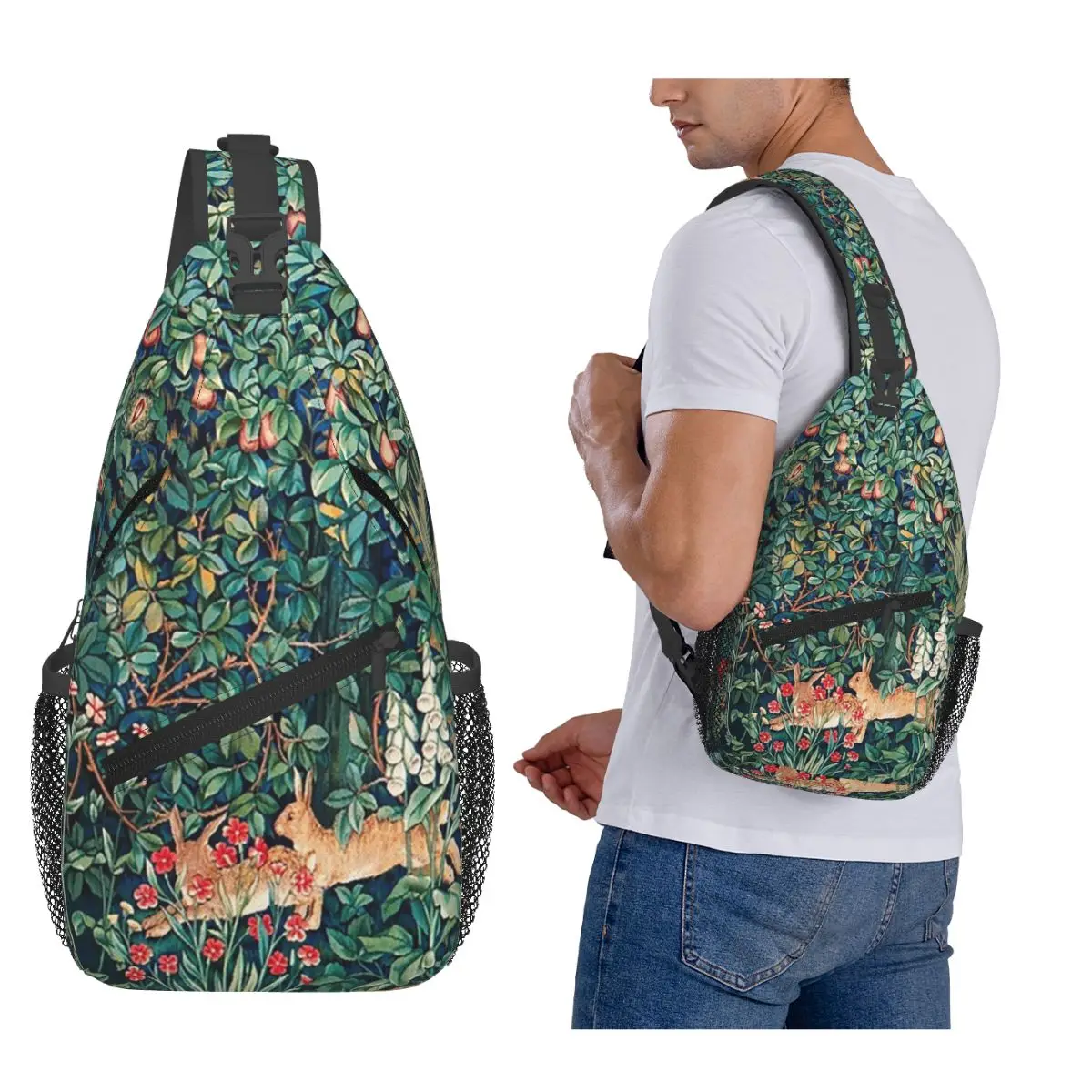 

GREENERY, FOREST ANIMALS Hares Blue Green Chest Bag Men Sling Crossbody Backpack Chest Bag Traveling Hiking Daypack Shoulder Bag