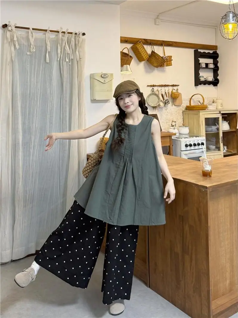 

Casual Simple Summer 2026 Women's Set Loose Wide Leg Pants Dot Pattern Sleeveless Vest Two Piece Set Breathable Comfortable