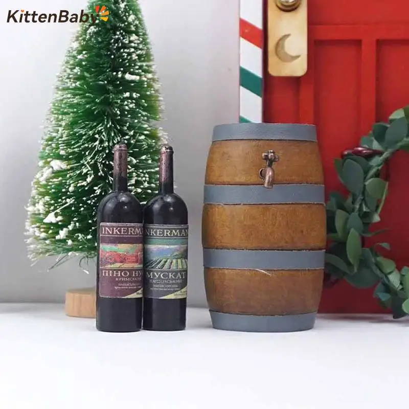 1:12 Dollhouse Miniature Red Wine Bottle Wine Barrels With Water Tap Model Wine Cellar Life Scene Decor Dollhouse Accessories