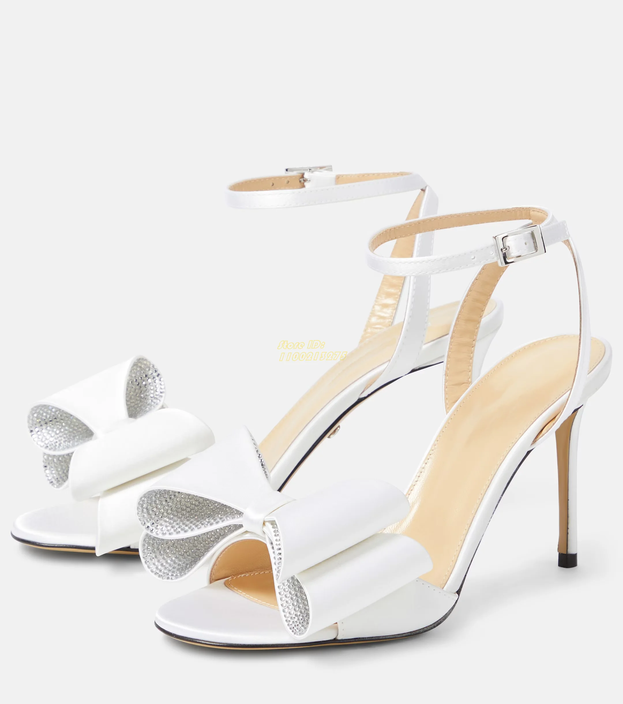 

Crystal Embellished Satin Sandals Butterfly Knot Open Toe Stiletto Thin High Heel Ankle Buckle Strap White Pink Suede Shoes