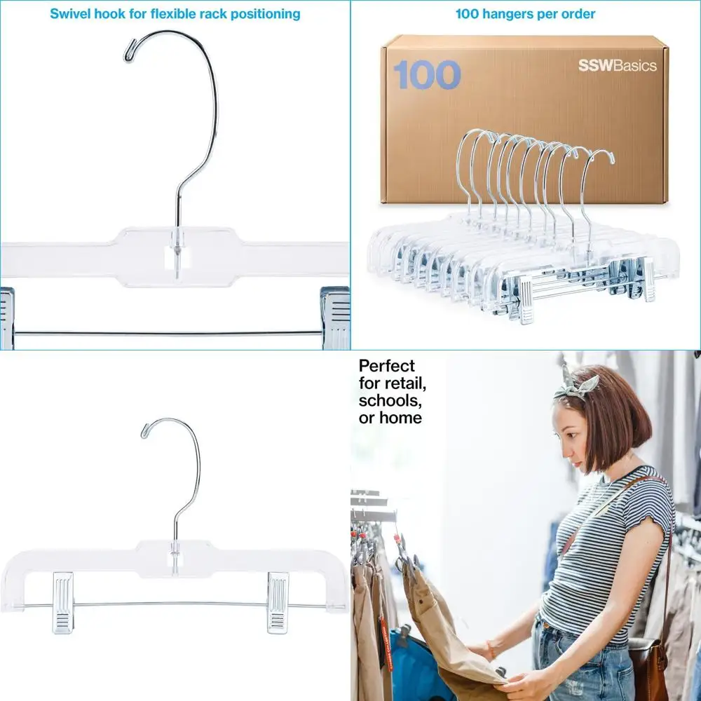 

100-Pack Clear Plastic Hangers for Kids with Clips - Durable for Skirts and More