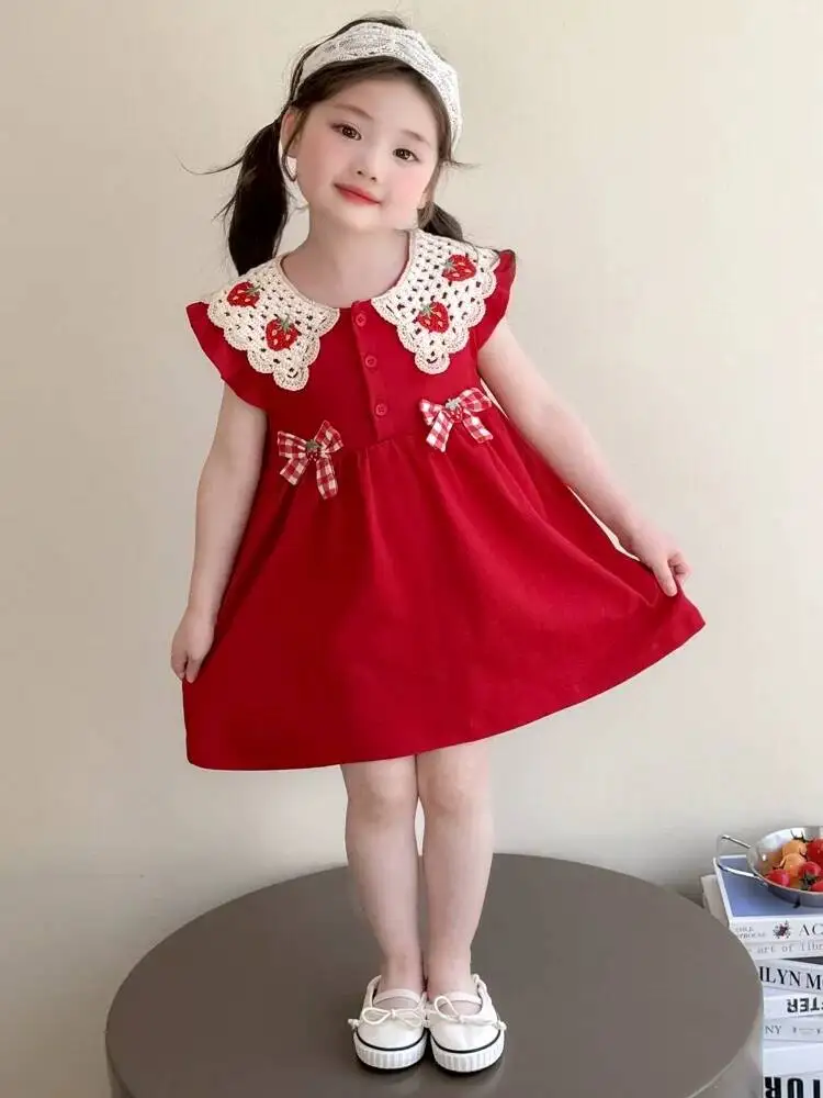 Baby Girls Dress 2026 Summer New Red Sweet Princess Dress For Girls Thin Breathable Cute Kids Party Daily A-line Sundress