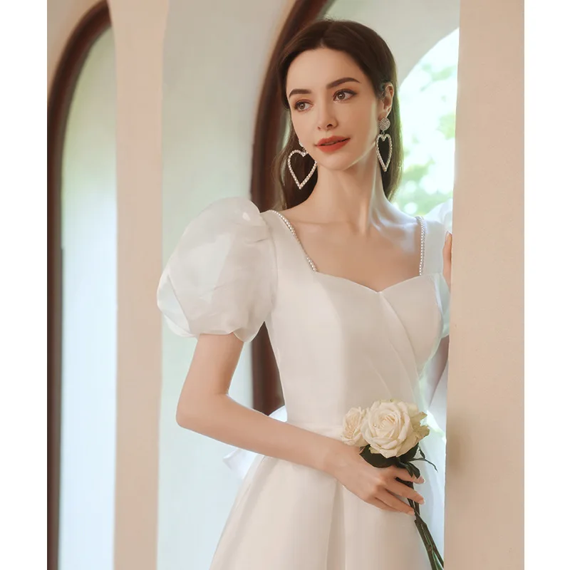 N11147 Customized White Bubble Sleeves Wedding Dress Sweet Memory Princess Square Collar Floor Length Long Party Dress
