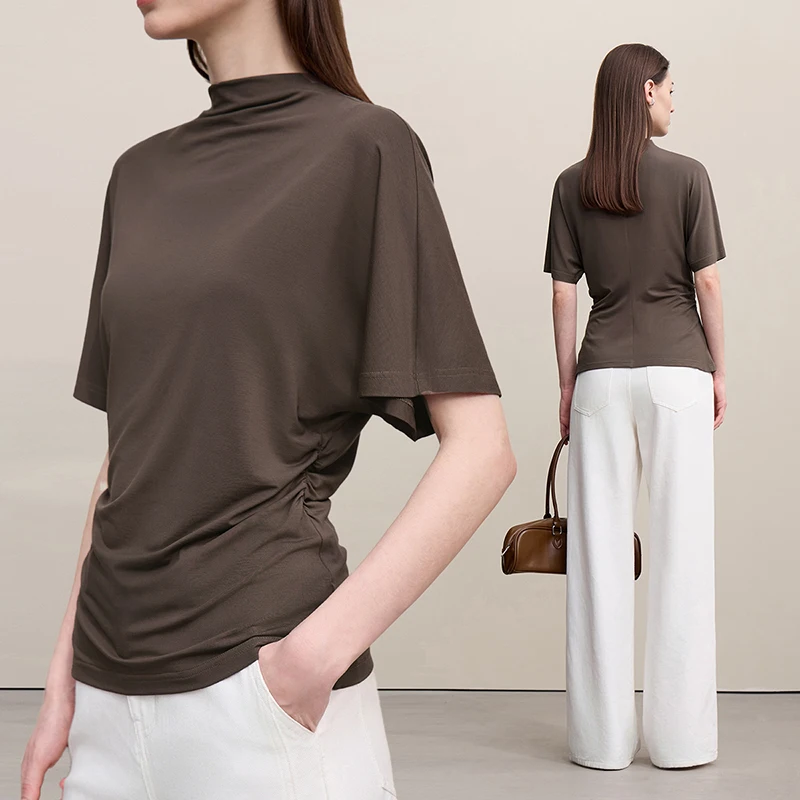 Amii Top Women 2026 Summer New Stretch Elegant Slim Fit Tee Versatile Short Sleeve Women's Half-neck Collar T-Shirt 12612022
