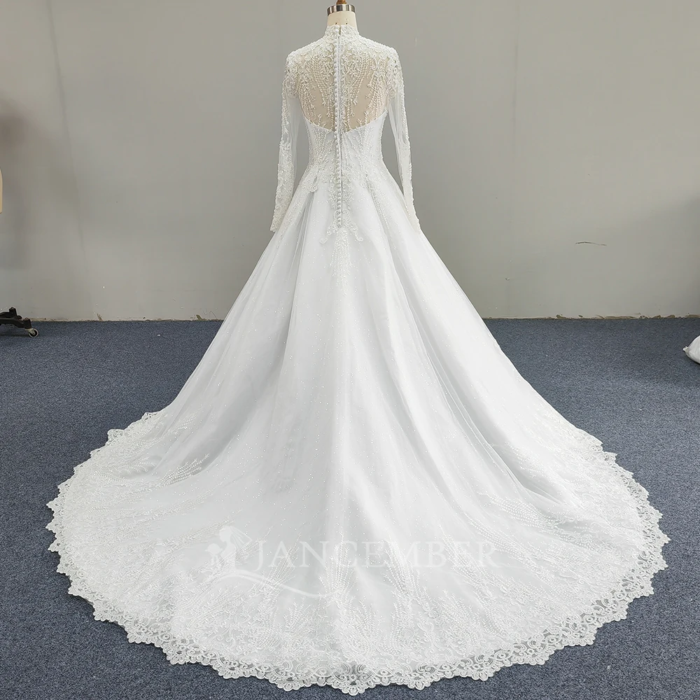 Customized Sexy Long Sleeve Lace A-line Wedding Dress New Bridal Beaded Elegant High-Neck Beach Bride Dress vestido de novia