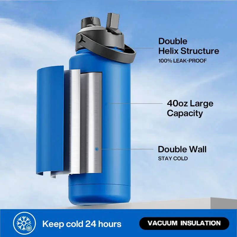 

POWCAN 40oz Insulated Stainless Steel Water Bottle - Leak-Proof,, Double Wall Vacuum Insulation for 24H Cold Retention, with Str