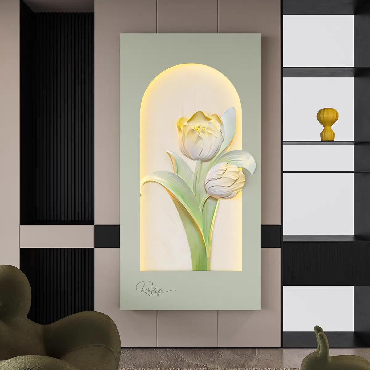 *% Home  3D Modern Three-dimensional Tulip Fashion Design Pure Hand-drawn Hanging LED Wall Art Relief Decor Painting g