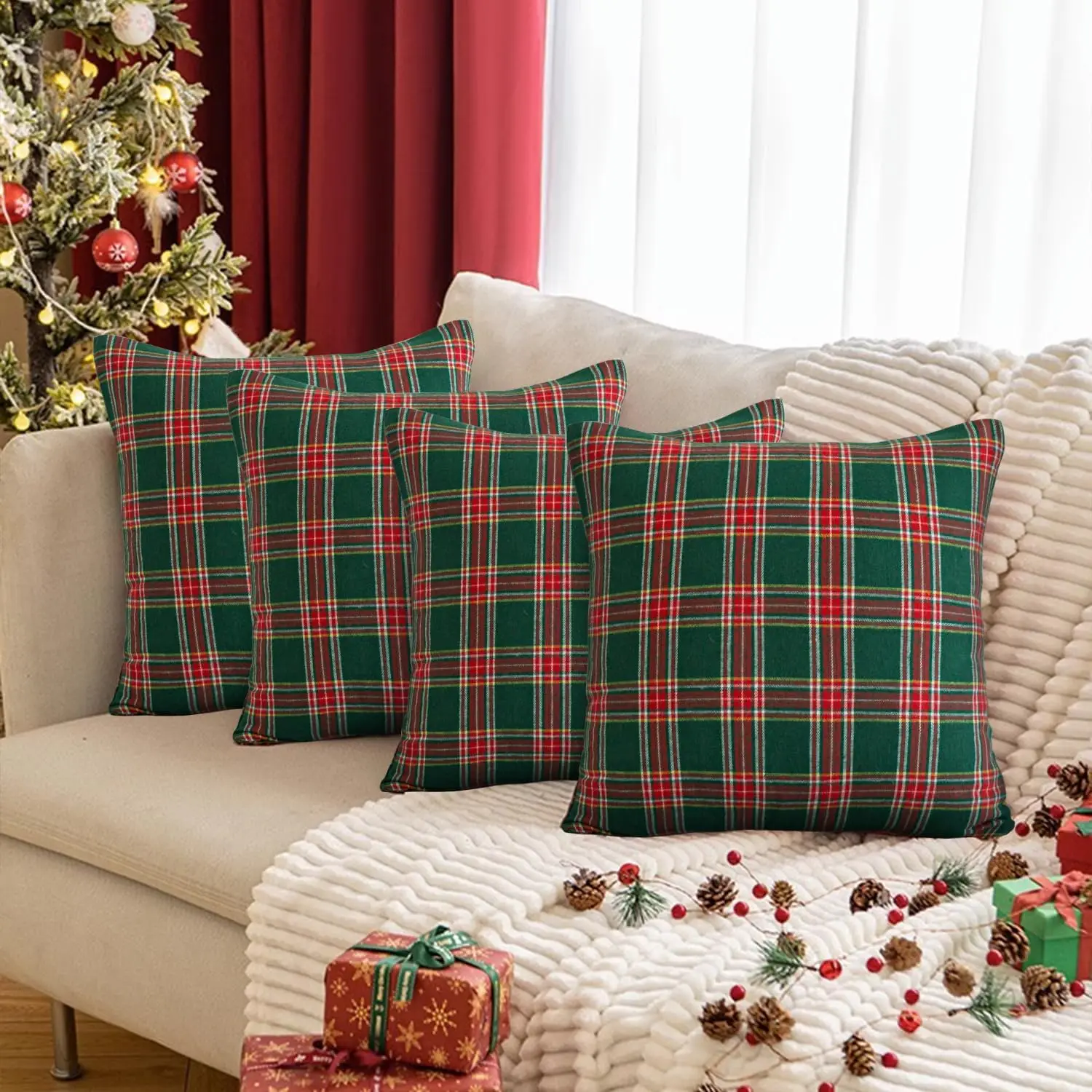 Christmas Pillow Cover of 4 - Green Tartan Checkered Throw Pillow Cover, Cushion Case for Couch Sofa, Christmas Holiday Decor