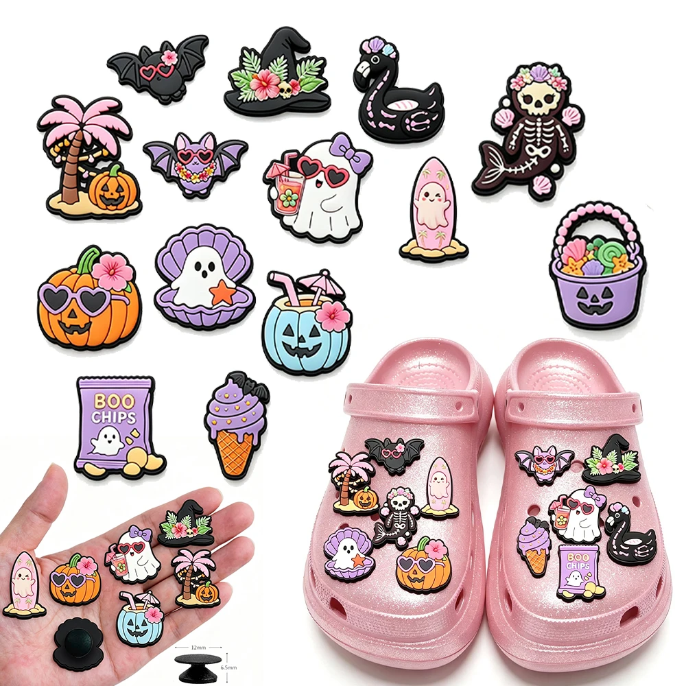 14-112PCS Halloween Summer Beach Cute Ghost Pumpkin PVC Shoe Charms For Croc Clog Sandals Wristband Decor Gift
