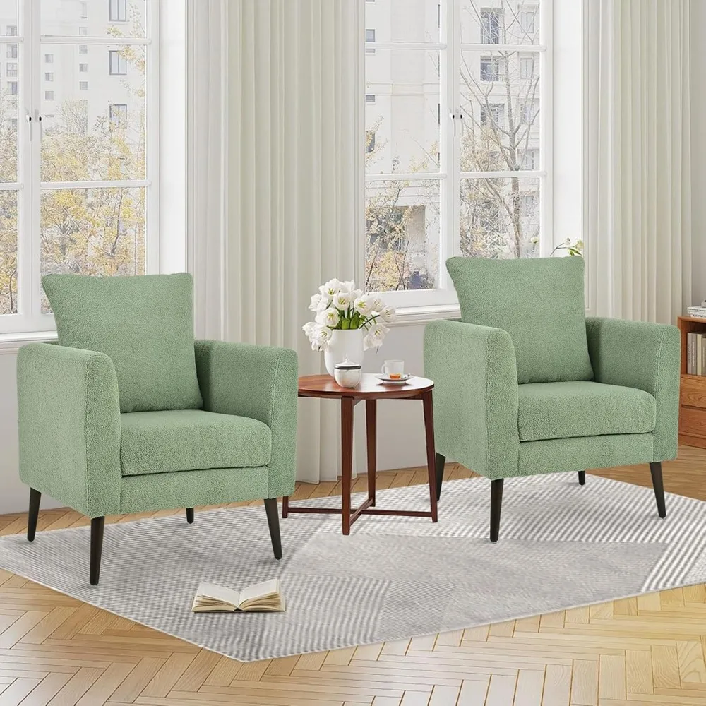 

Accent Chair Set of 2 for Living Room, Modern Upholstered Teddy Arm Chair, Large Pillow, Solid Wood Legs