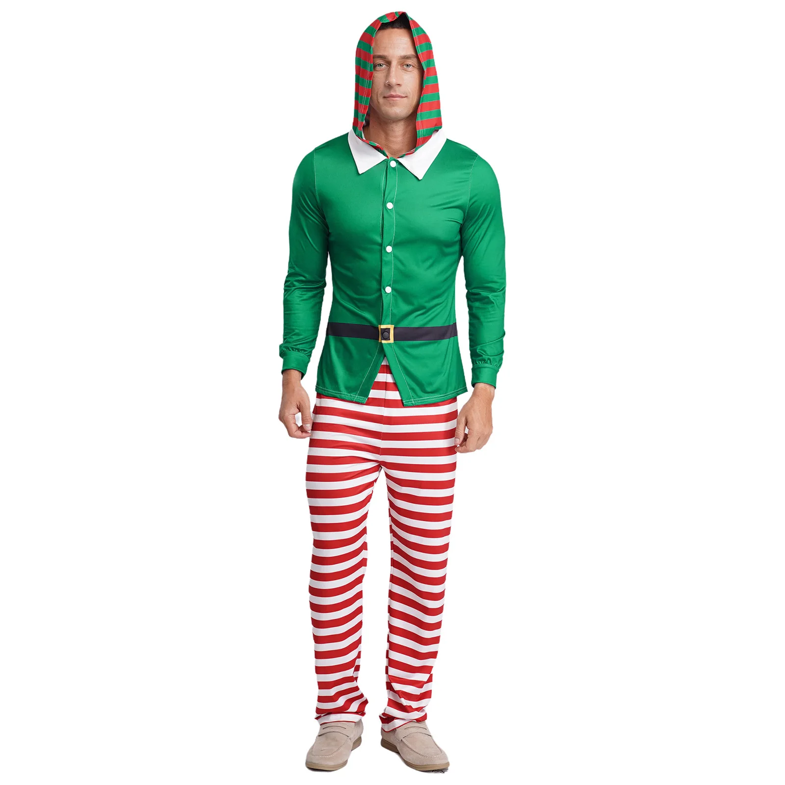 الرجال عيد الميلاد قزم تأثيري حلي عيد الميلاد عشية السنة الجديدة منامة مجموعة طويلة الأكمام مقنعين مع سروال مخطط ملابس النوم Homewear #1