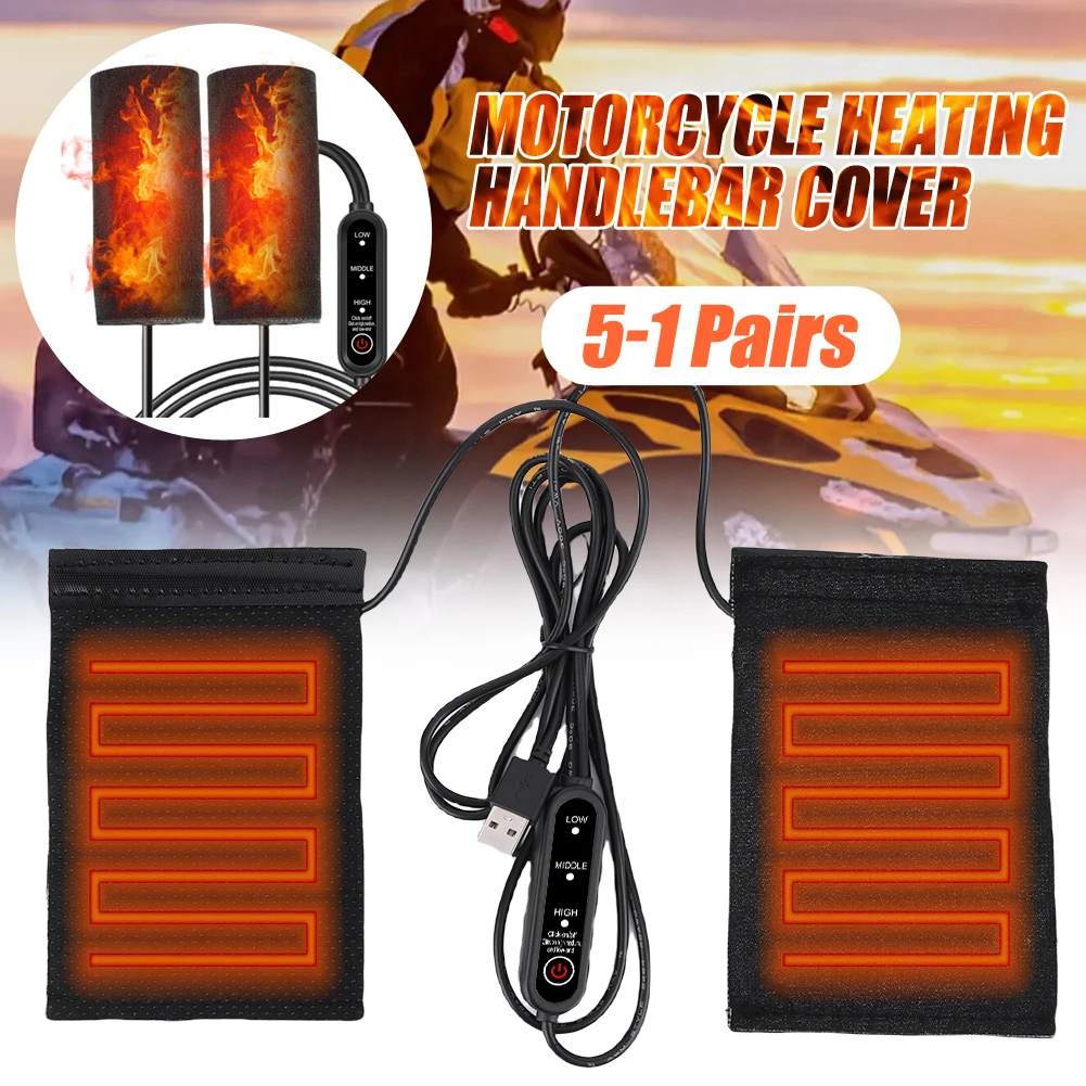 

5-1 пара 12 В USB чехол на руль мотоцикла с подогревом, 3 передачи, противоскользящий электрический обогреватель руля для зимней езды на открытом воздухе
