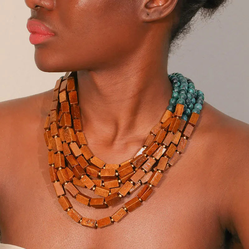 

1Pc Fashion Exquisite Bohemian Style Multi-layered Necklace, Handmade Beaded Wooden Chain Clavicle Chain,Christmas Decor Gifts