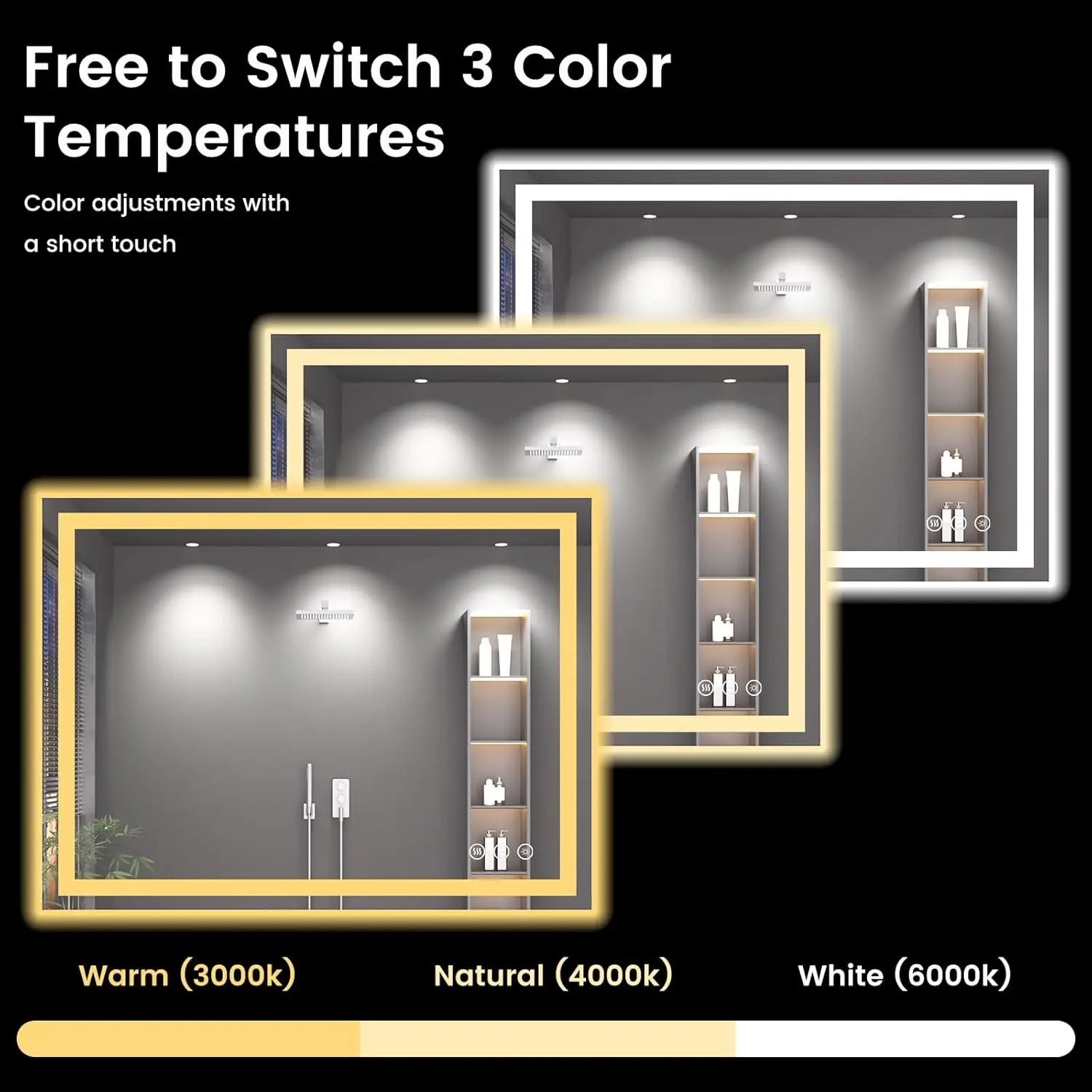 Specchio da bagno 40x30 LED con antiappannamento, luci dimmerabili, vetro infrangibile, funzione di memoria