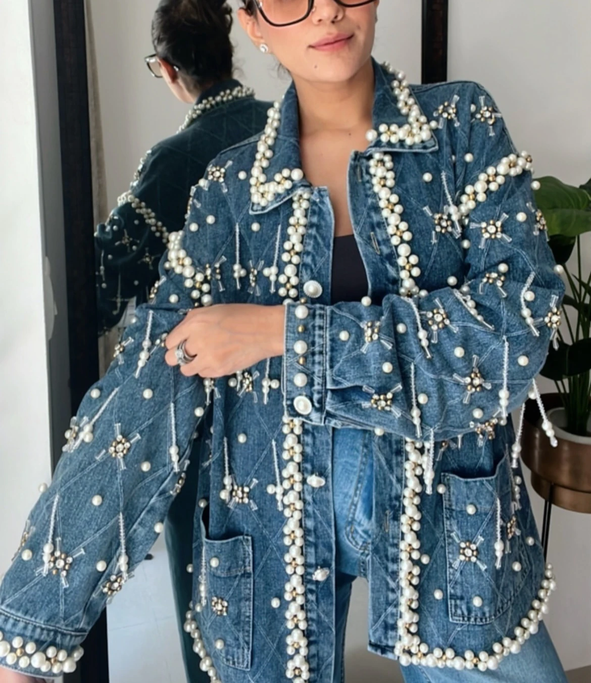 Denim Jackets Hand-made Fringed Pearl Diamond Cotton Blue Denim Jacket Women Coats Vintage Long Sleeve Autumn Outwear Casual