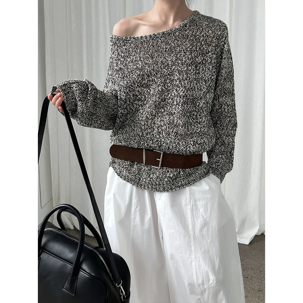 

Korean Slanted Shoulder Floral Gauze Knitted Sweater for Women 2025 Autumn New with Belt Lazy Cut-out Sweater