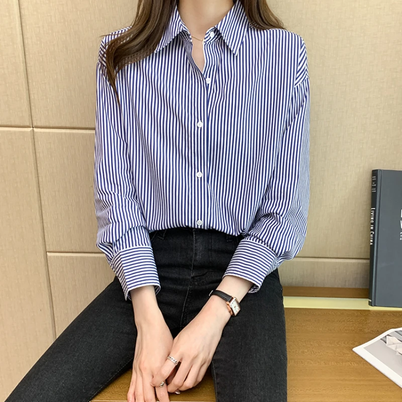 Camisas a rayas azules para mujer, Tops básicos diarios con solapa para oficina Ulzzang, temperamento de otoño, Harajuku clásico de manga larga, recién llegado