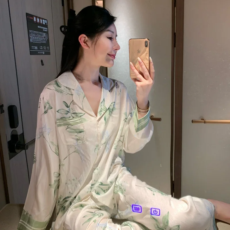 26 Spring Summer Women Ice Silk Pajamas 2piece Set High-End V-neck Elegant Casual Long Sleeve Pants Nightgown Sleepwear Nighty