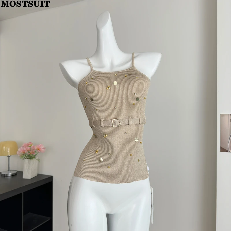 Verão sexy lantejoulas camisola coletes feminino colheita topos slings sem mangas com cinto elegante chique magro senhoras malhas jumpers 2025