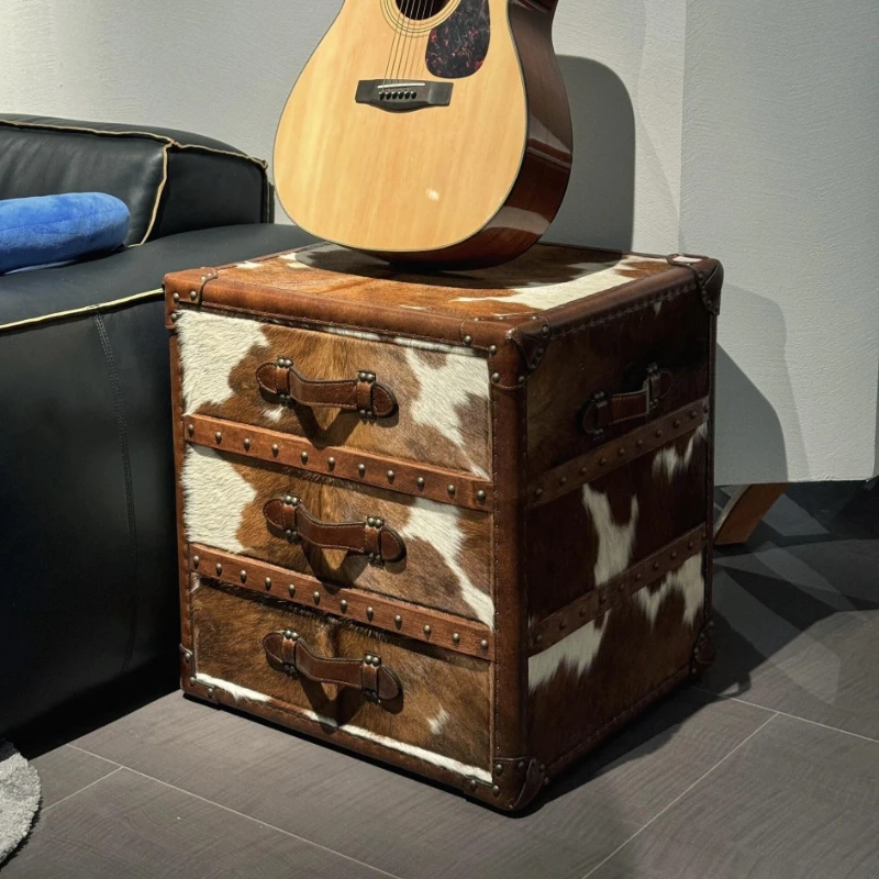 

Medieval style bedroom pure natural milk cowhide bedside table leather box cabinet high-end decorative cabinet clothing