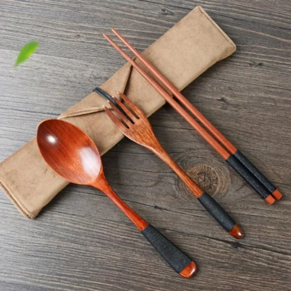 3pcs Wooden Cutlery Set Complete Tableware Chinese Chopsticks Spoon Fork Durable Stylish Washable for Home Restaurant  Wedding