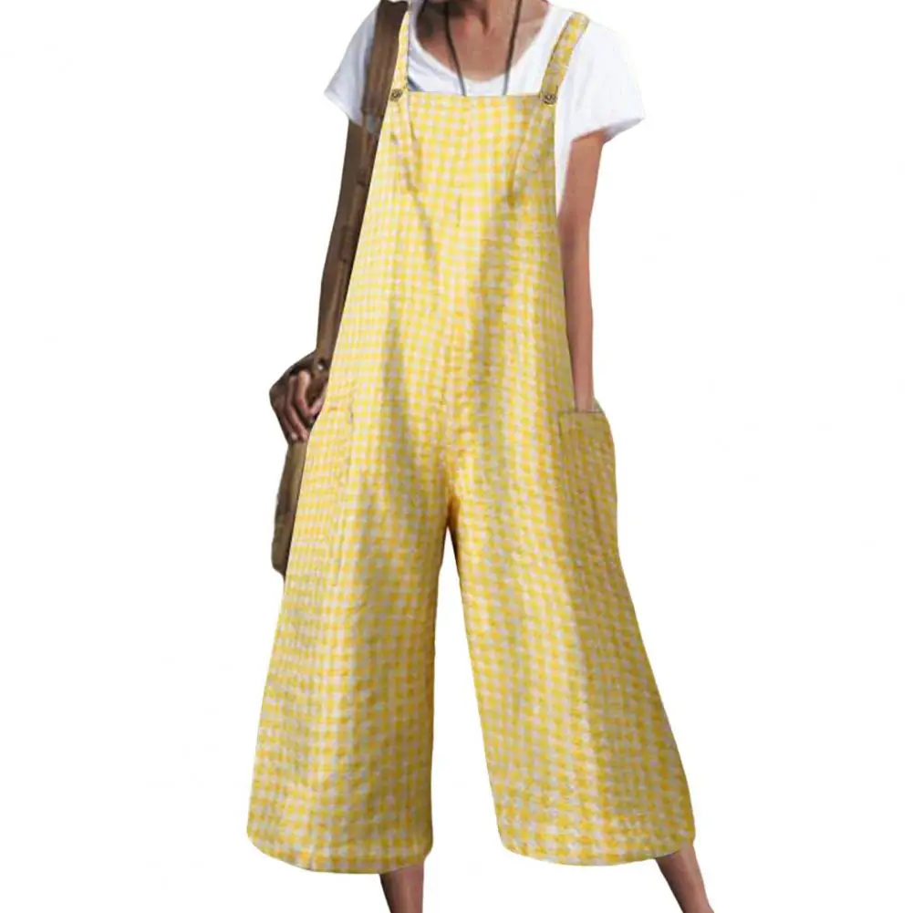 

Women Jumpsuit Buttons Chic Deep Crotch Backless Summer Romper Mid-calf Length Women Romper Casual Daily Clothes Female Garment