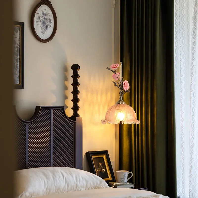 French Retro Pink Ceramics Rose Pendant Lights Flower Shape Glass Hanging Lamps Living Room