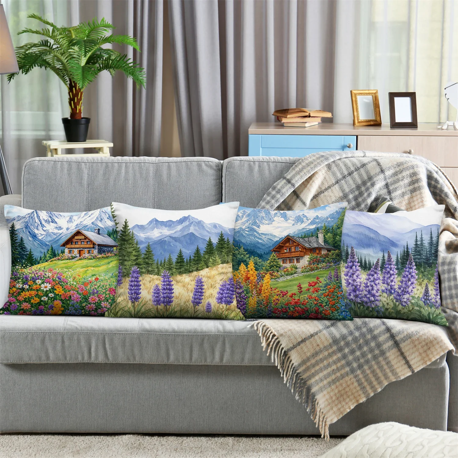 Four-Piece Set of Rustic Mountain Cottage and Vibrant Floral Landscape Throw Pillow Covers for Home Decor