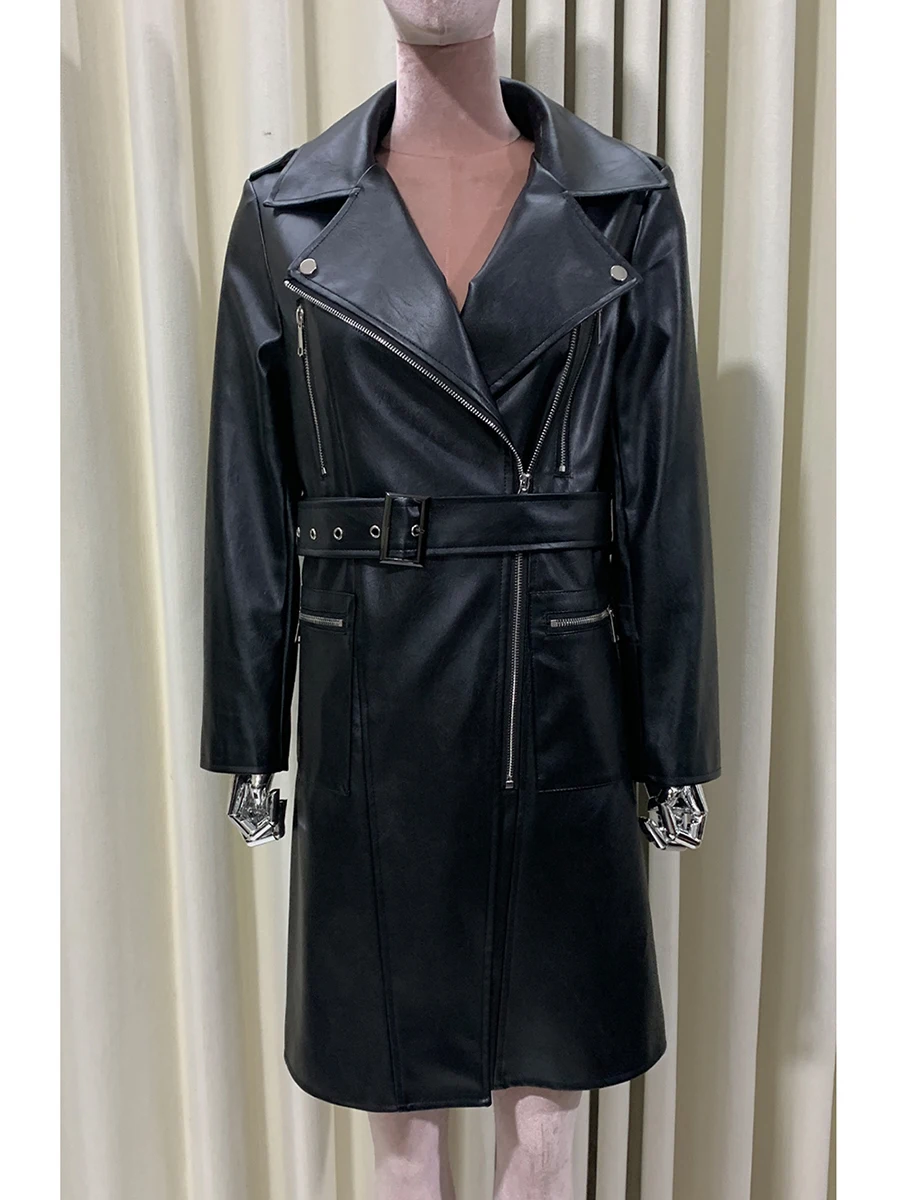 Spring Autumn Cool Handsome Fitted Long Black Soft Pu Leather Moto Biker Jacket Women Belt Zipper Luxury Designer Clothes 2025