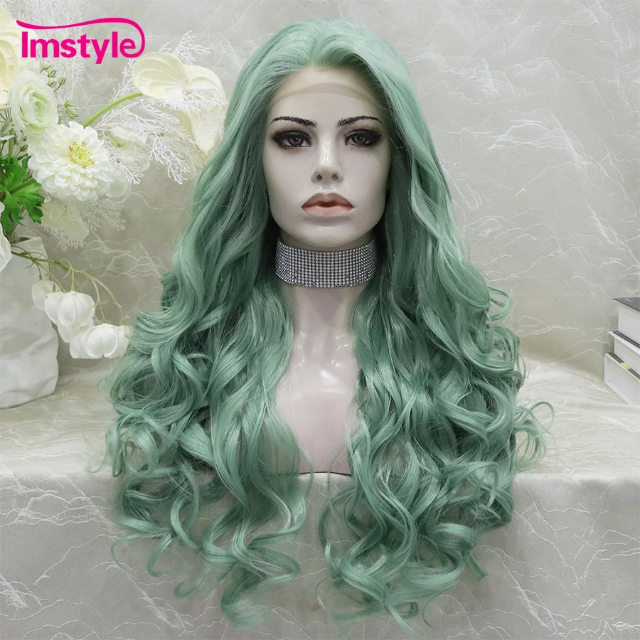Imstyle Synthetic Lace Front Wig Green Wig Long Wavy Wig Heat Resistant Fiber Cosplay Wigs For Women