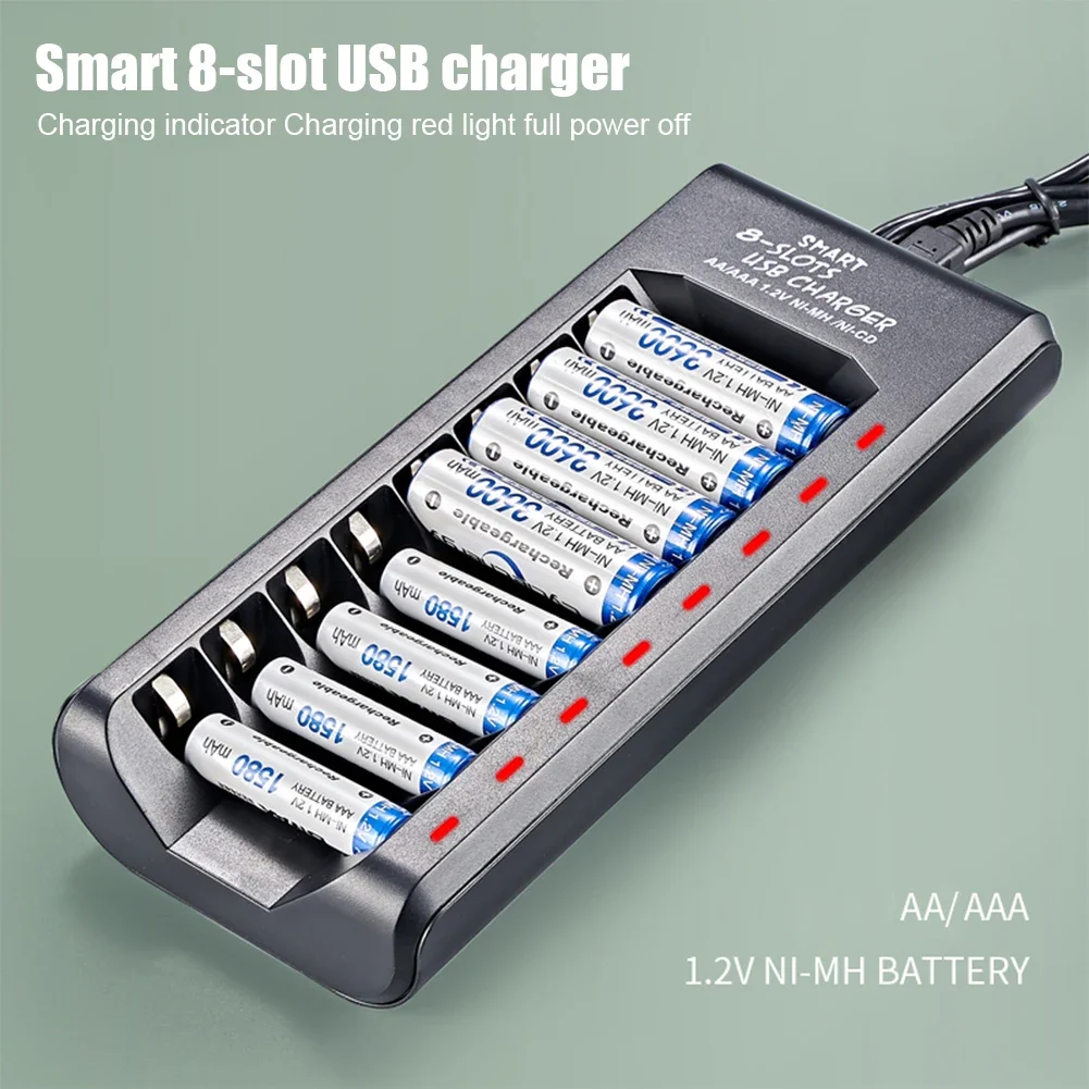 Rechargeable Battery Charger USB Output 8 Slots Fast Charging Short Circuit Protection for 1.2V NiMH AAA/AA Batteries Charger