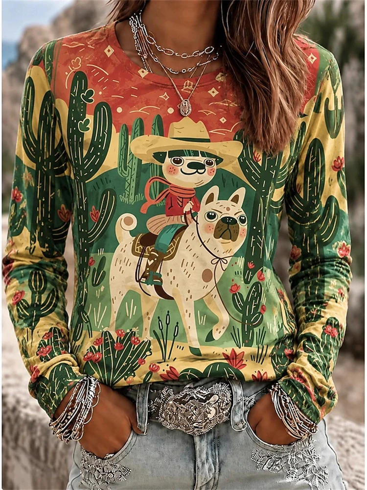 New Fall Collection: Women's Long-Sleeve Crew-Neck T-Shirt with Cute and Funny Puppy Print Fashionable Trendy Street-Style Top