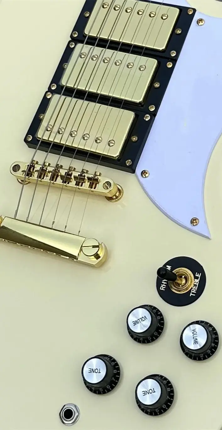 Customized electric guitar, SG electric guitar, cream white, shiny, gold accessories, in stock, quick shipping