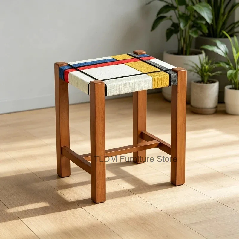 Mid-Century Mondrian-Inspired Woven Stool, Colorful Geometric Weave Accent Chair, Compact Seat for Home Decor & Multi-Use