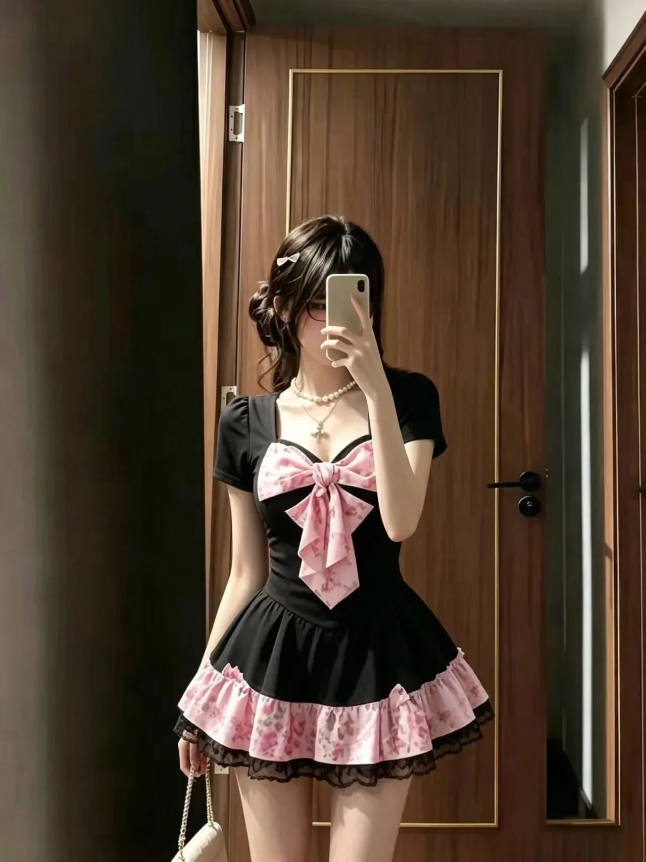 Japanese Vintage Goth Kawaii Floral Print Bow Puff Sleeve Lace Trim Metal Chain 2PCS Set Women Crop Top Mini Skirt Outfit image 5