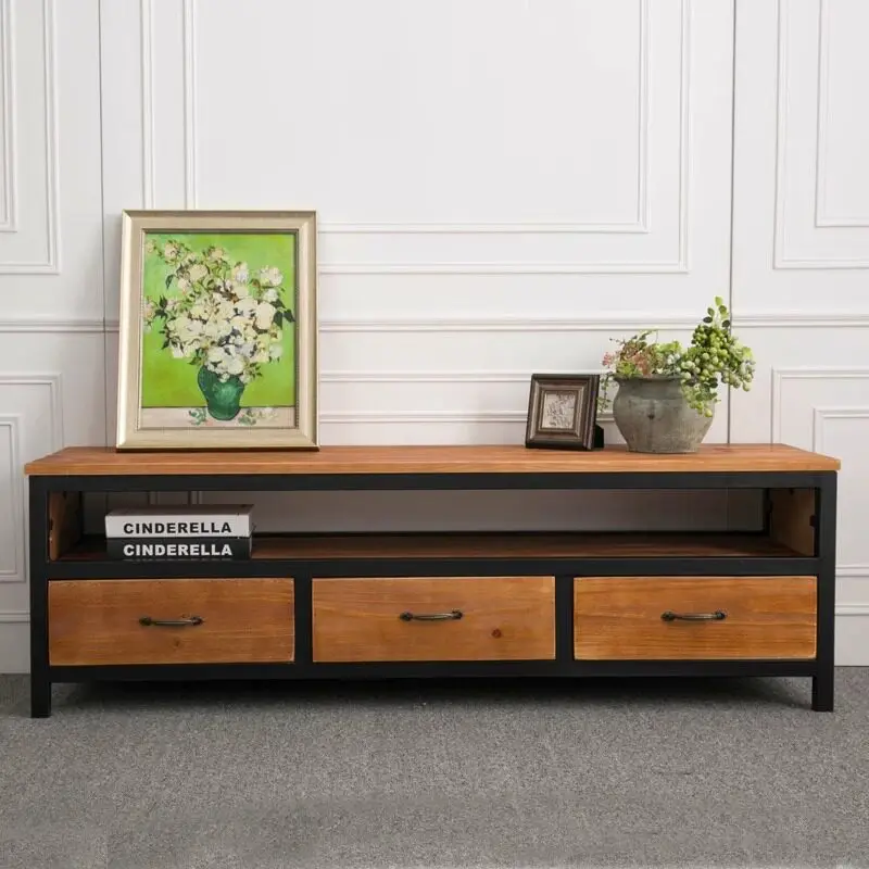 Retro living room drawer-type chest, American wrought iron solid wood TV cabinet, industrial style three-draw long floor cabinet