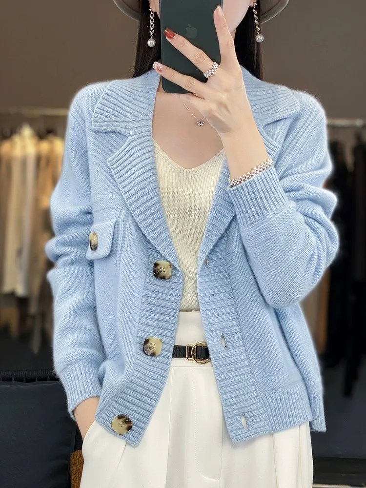 100% cashmere cardigan women\'s suit collar solid color all-in-one top loose slimming short wool knit sweater coat