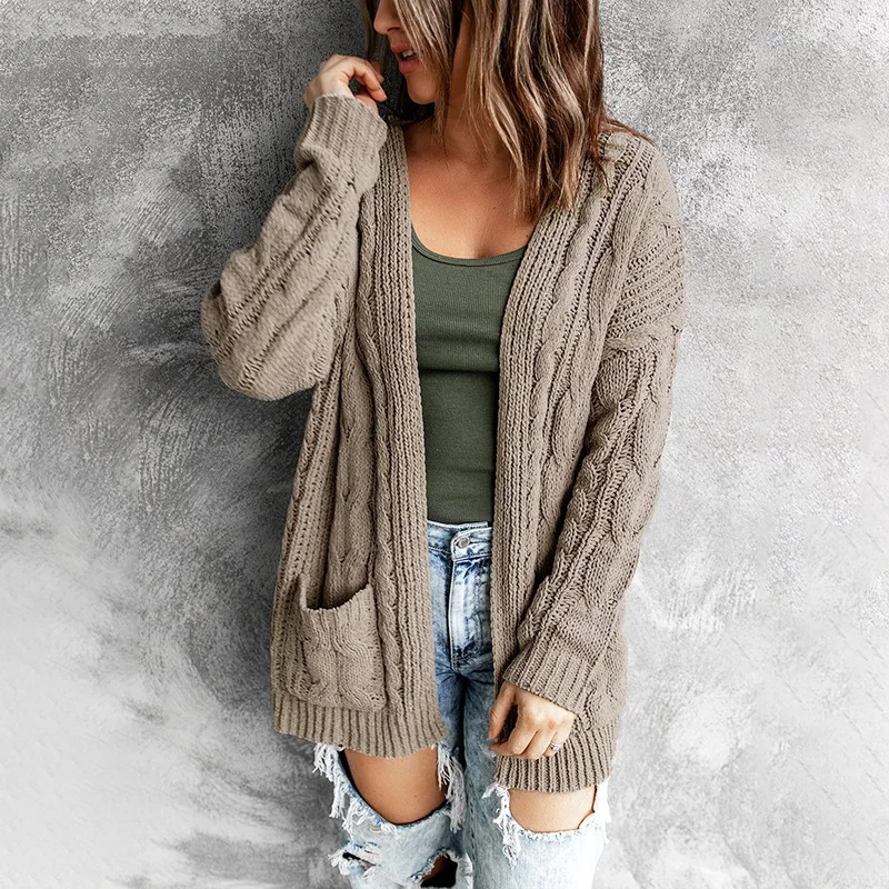 Solid pocket middle long solid Fried Dough Twists cardigan coat autumn and winter new sweater women