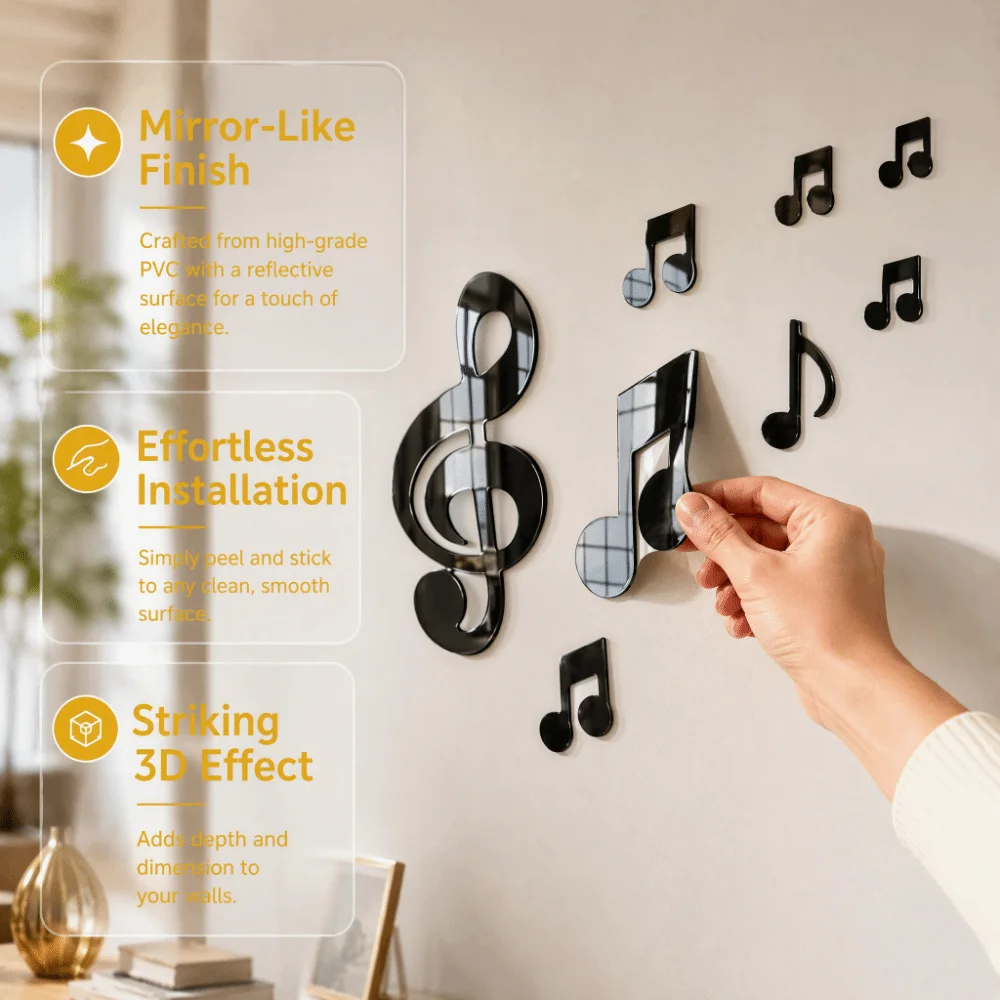 Removable Finish Music Note Wall Sticker 3D Look Embossed Texture Mirror Wall Sticker 23 x 13 cm Size Silver Color