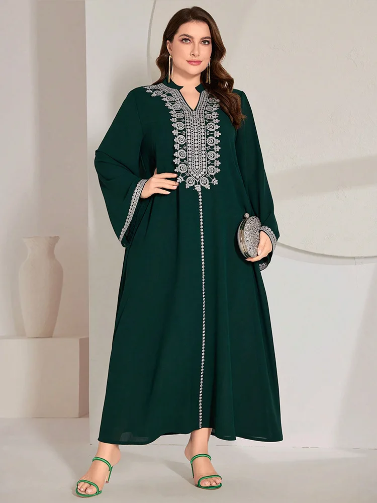 Women Plus Size Maxi Dresses Dubai Middle East Decal Dress Elegant Flared Sleeves A-Line V-Neck Green Robe Djellaba Abaya Kaftan