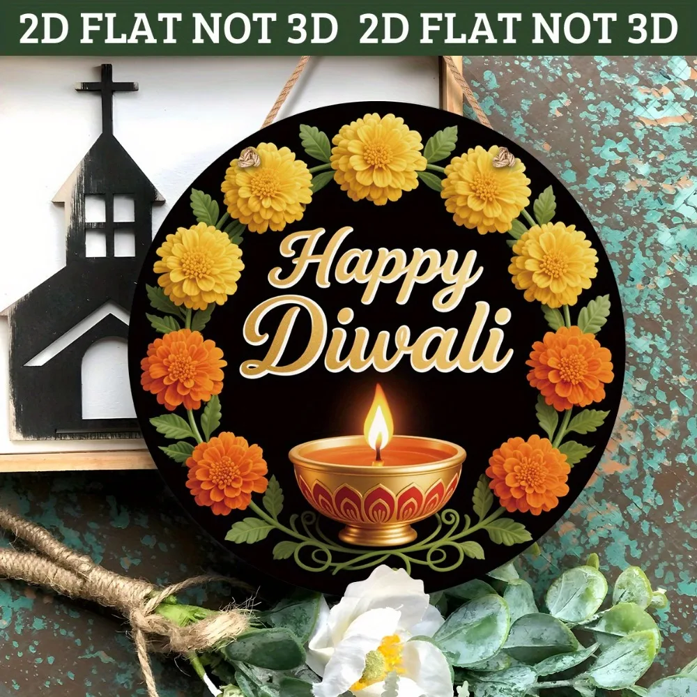CIFBUY Vintage Happy Diwali Diya Lamp Floral Sign, Aluminum Wall Art Waterproof Wear Resistant Round Metal Plaque for Home Livin