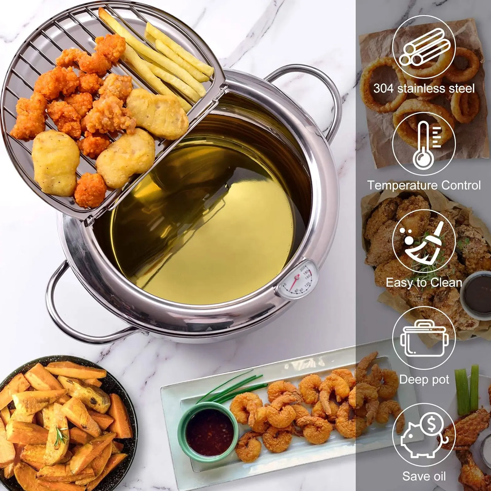 

Японская фритюрница из нержавеющей стали с контролем температуры слива масла и крышкой для кухонной плиты, индукционной плиты