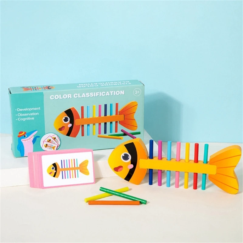 لعبة طفل صغير على شكل هيكل السمكة الخشبي ومطابقة الألوان للتمارين الحركية الدقيقة 15UB #2